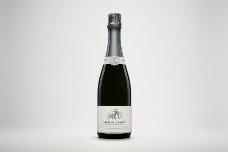 Image shows whole bottle of sparkling wine with silver foil against a white background