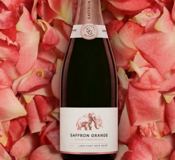 Image shows a bottle of the rosé lying on a bed of pink rose petals